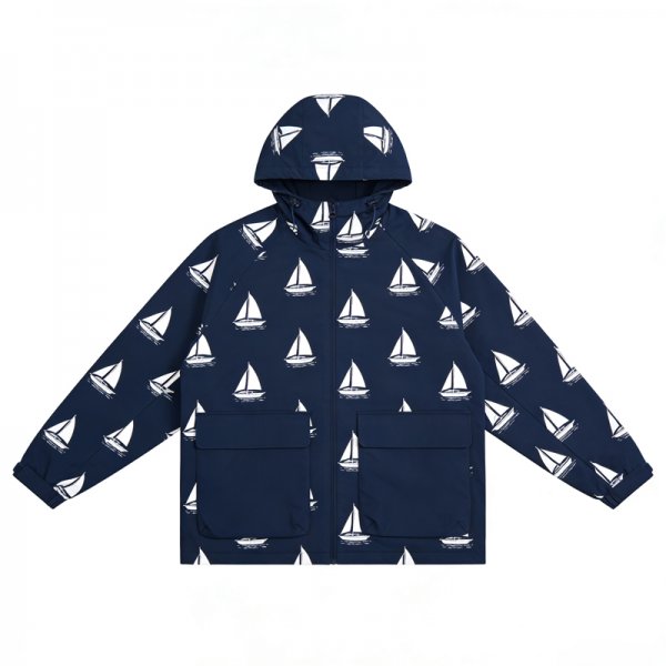 Navy Sailboat Print Puffer Jacket