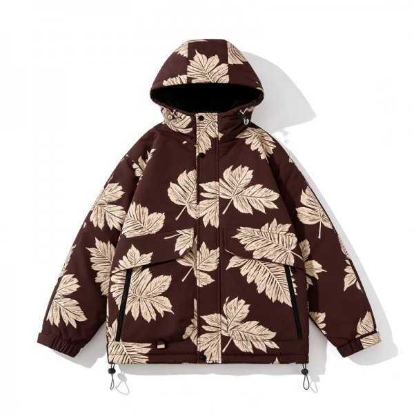 Leaf-Print Puffer Jacket with Drawcord Hem