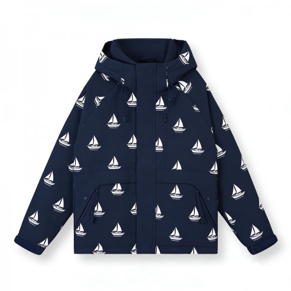 Navy Sailboat Pattern Puffer Jacket